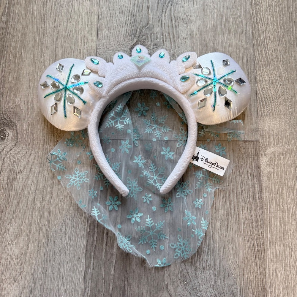 Disney Parks Elsa Frozen Minnie Mouse Ears Headband White Teal Tiara Veil Gem